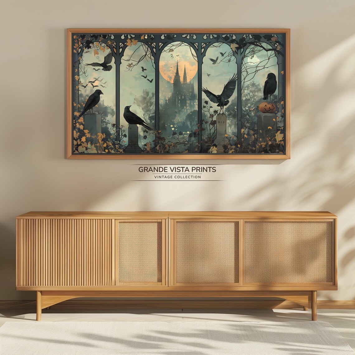 Spooky Halloween Crows Tombstones Gothic Window Haunted Moon Night Poster - Image 4