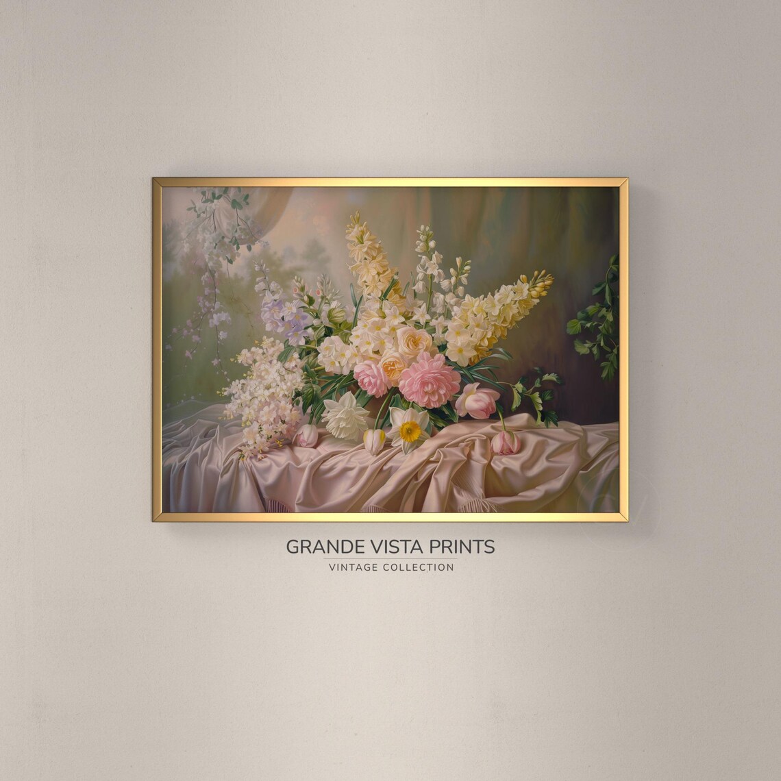 Pastel Peony Delphinium Bouquet on Silk Floral Still Life Art Print