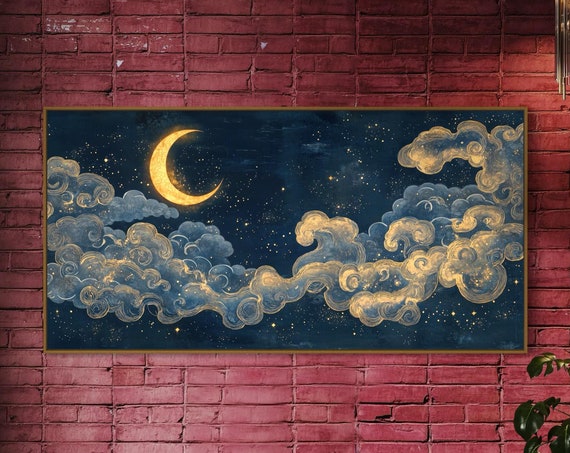 Dreamy Starry Night Crescent Moon Print Atmospheric Panoramic Wall Art For Celestial Decor Deep Blue Ethereal Sky Painting Print