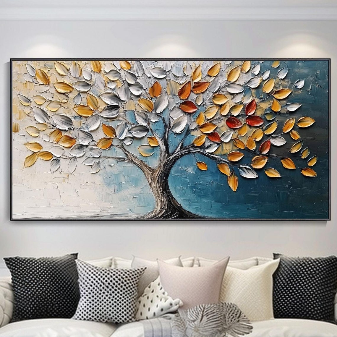 Gold Silver Tree of Life Teal Background Textured Elegant Wall Art