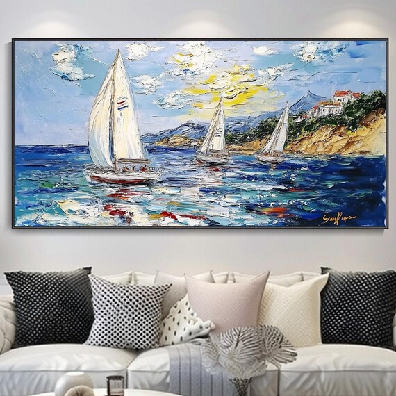 Abstract Seascape Original Oil Painting Blue Sailboat Ocean Texture Living Room Wall Hanging Decor White Nautical Theme Thick Texture