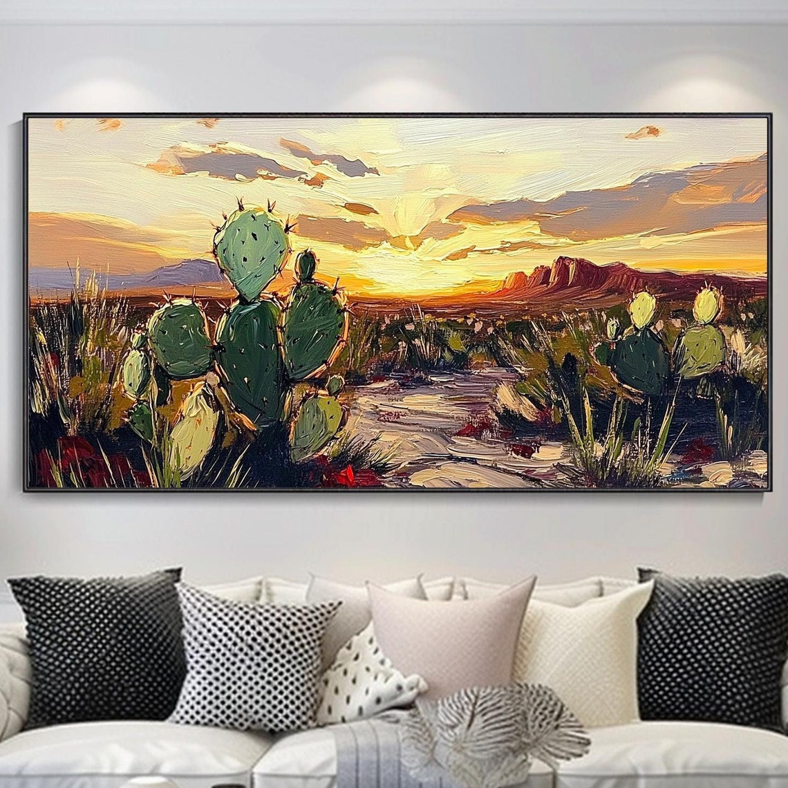 Golden Prickly Pear Cactus Desert Sunset Mesa Impasto Art Poster