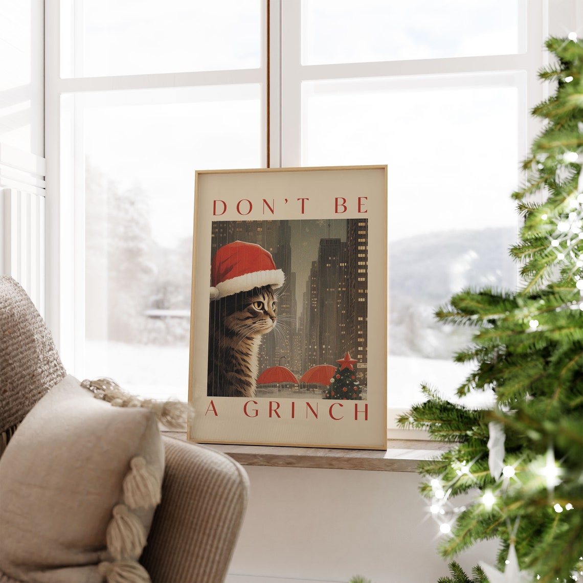 Funny Christmas Cat Print Vintage Christmas Poster Winter Wall Art Retro Holiday Wall Decor - Image 3