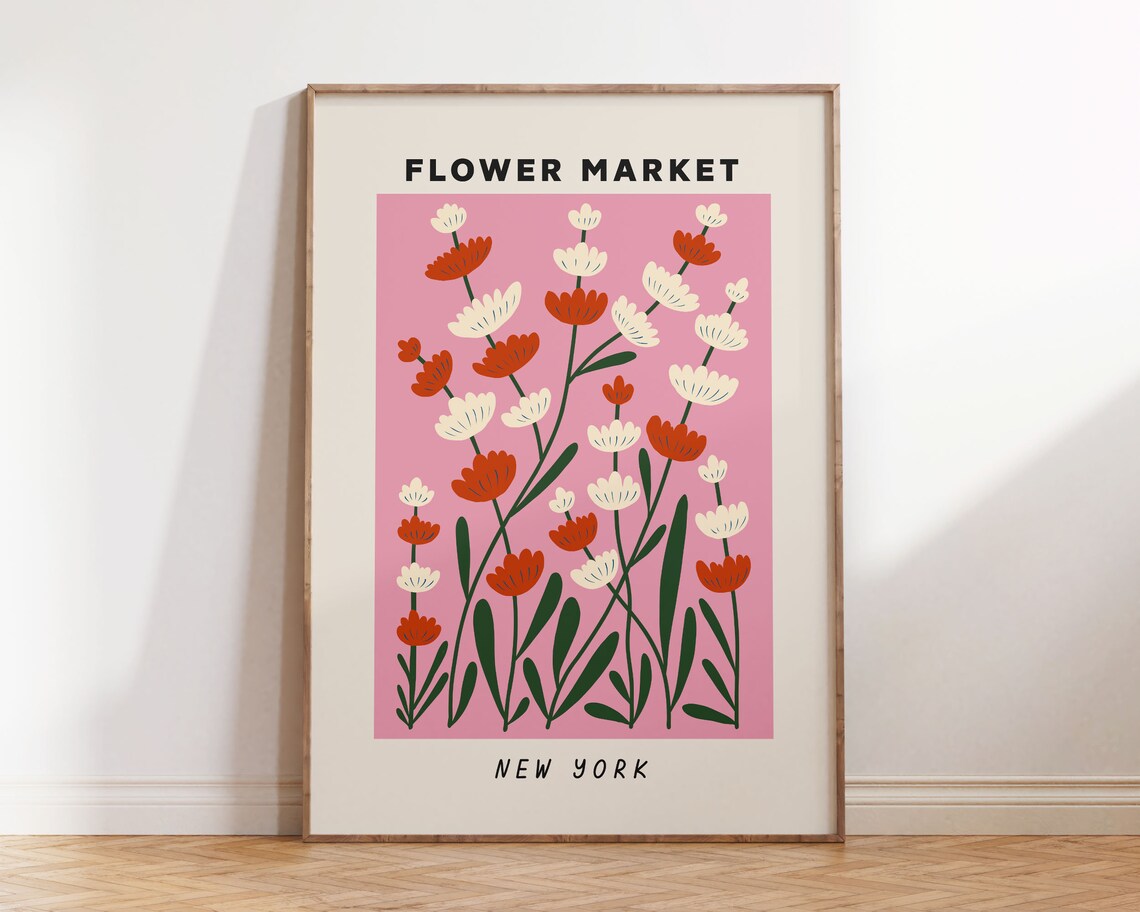 Flower Market Poster New York Girly Floral Wall Art Pink Botanical Print Preppy Room Decor Teen College Dorm Decor