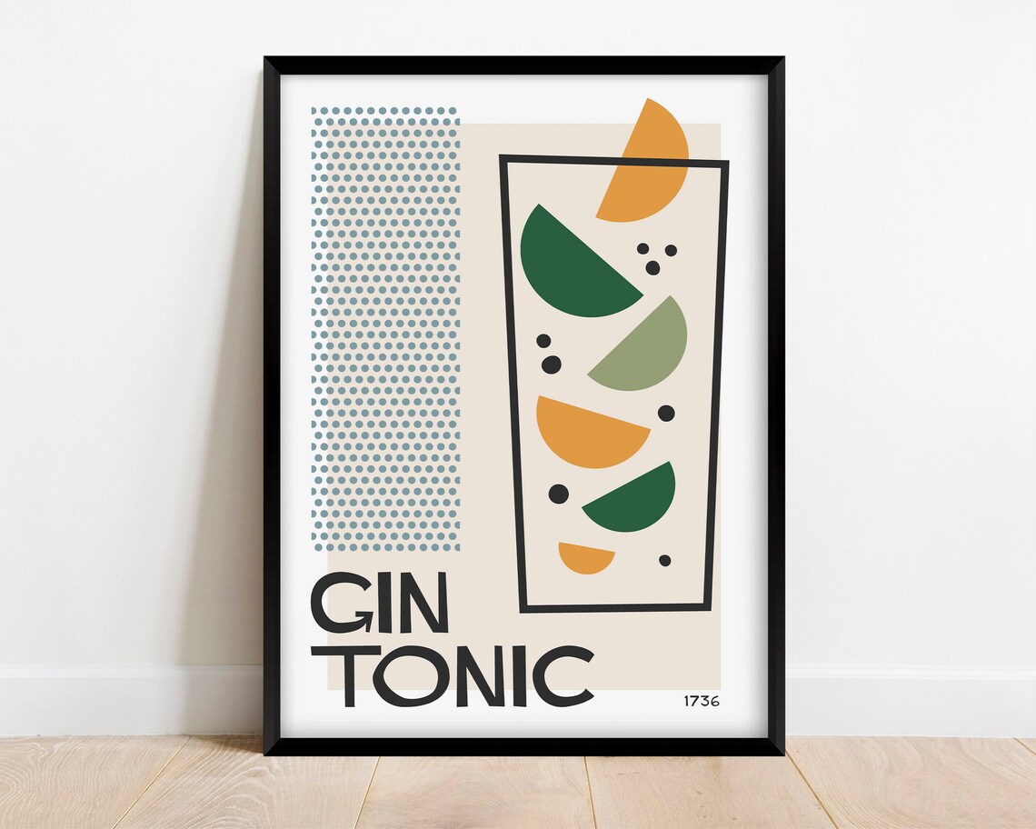 Gin Tonic Cocktail Art Print, Mid-Century Retro Bar