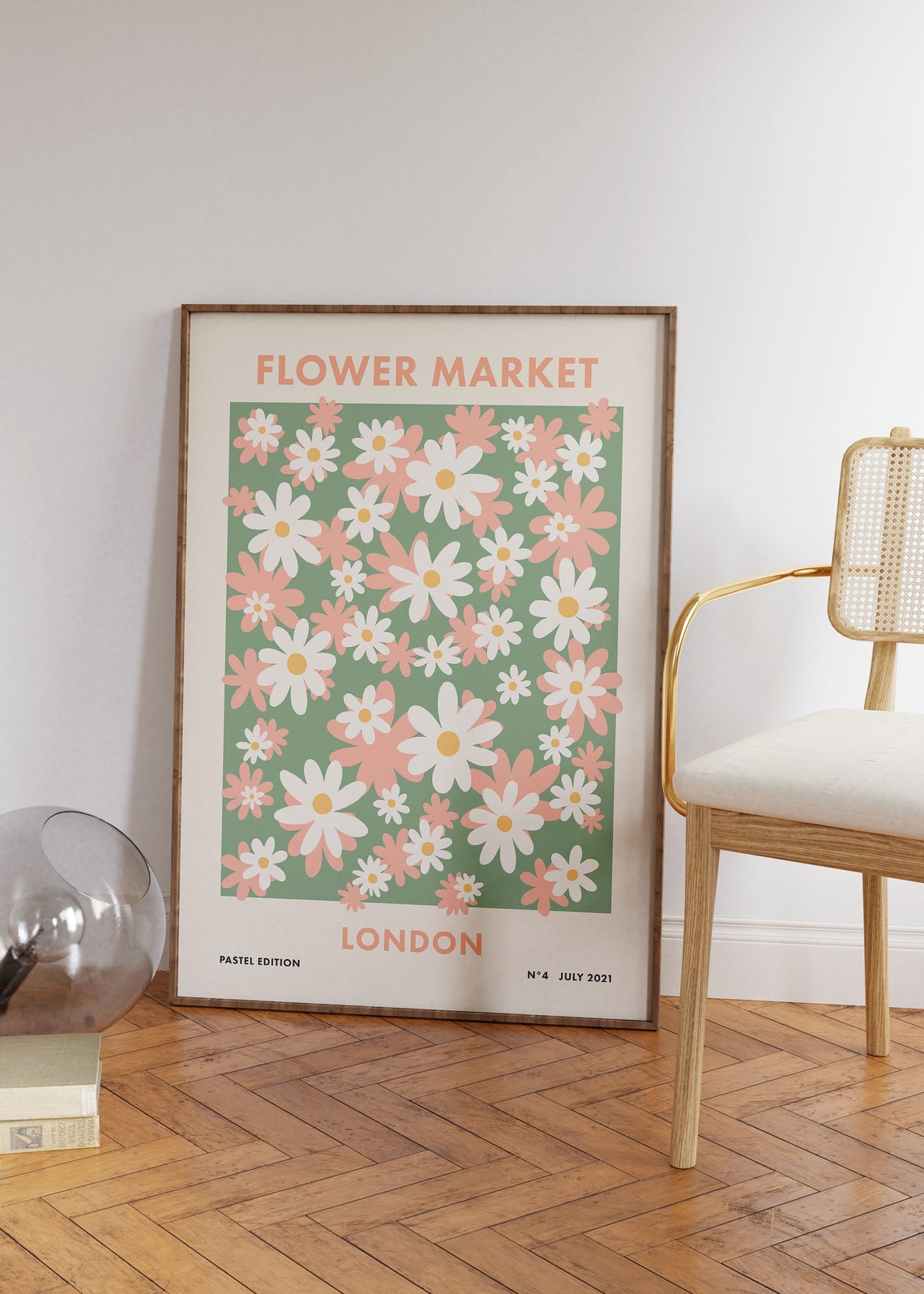 Flower Market London Pink Daisy Meadow Pattern Art Retro Poster - Image 2