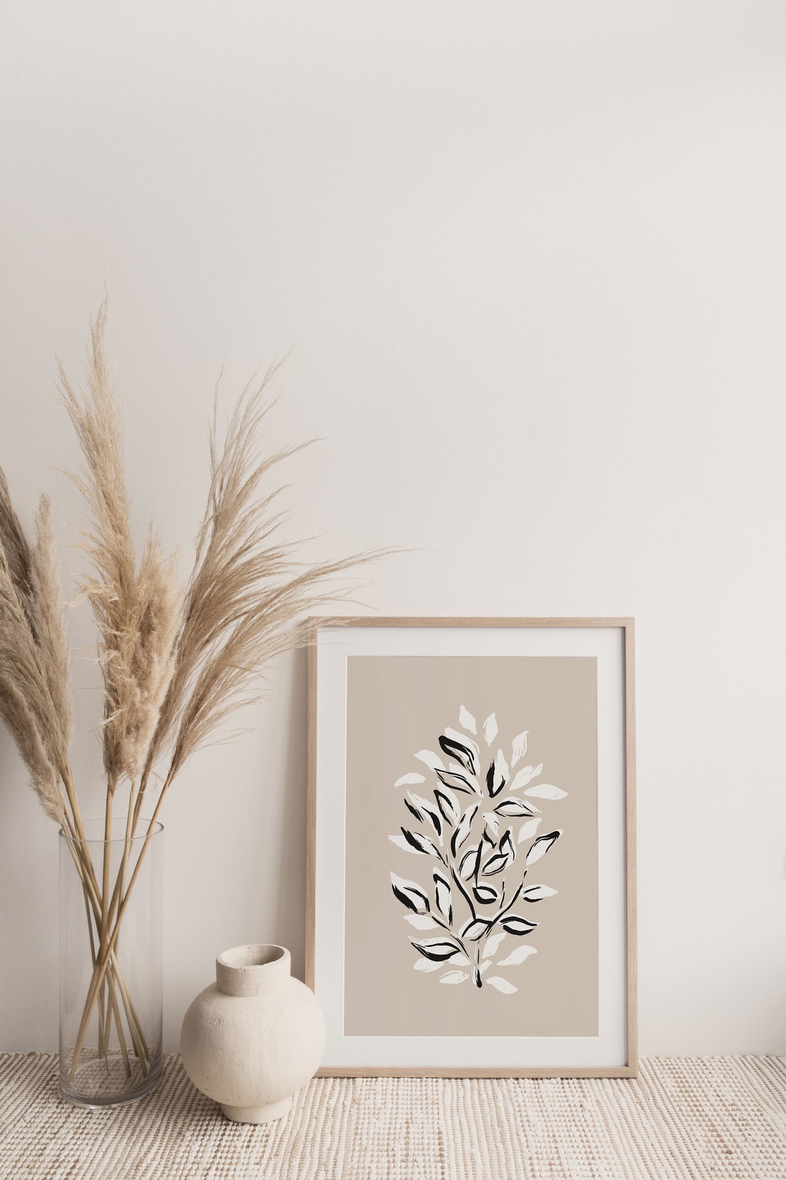 Beige Botanical Leaves Branch Minimalist Ink Sketch Wall Print - Image 3