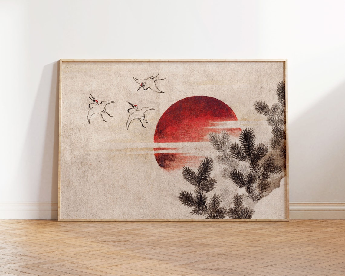 Japanese Red Sun Cranes Pine Trees Vintage Landscape Horizontal Poster