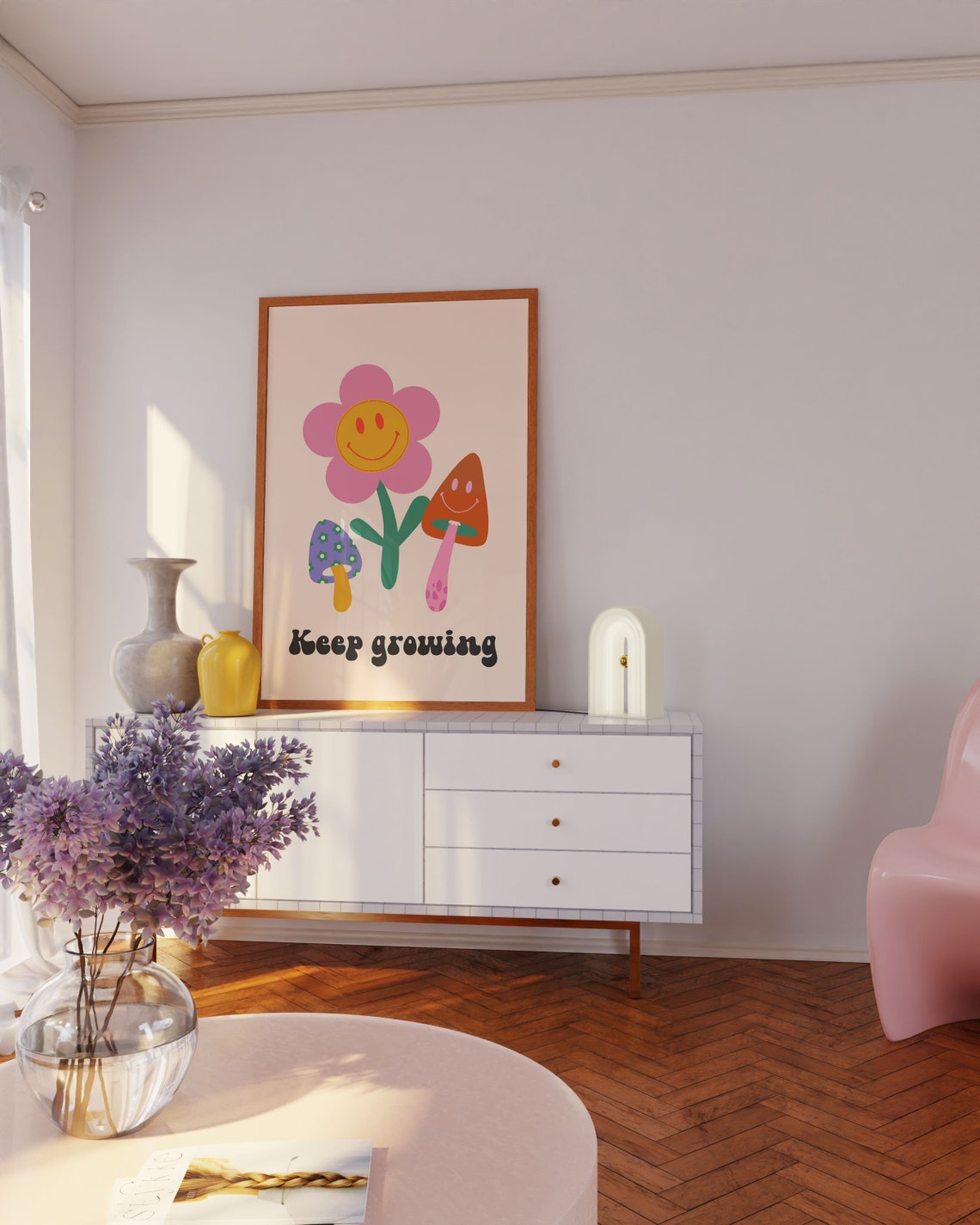 Keep Growing Smiling Flower Mushroom Cute Groovy Garden Poster - Image 3