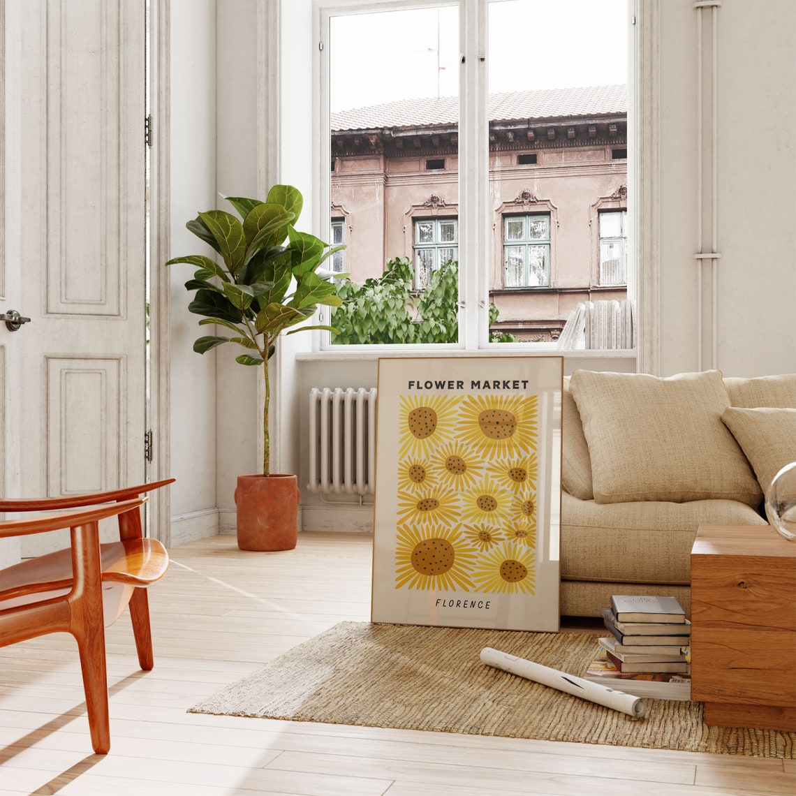 Flower Market Florence Sunflowers Cream Retro Botanical Poster - Image 3