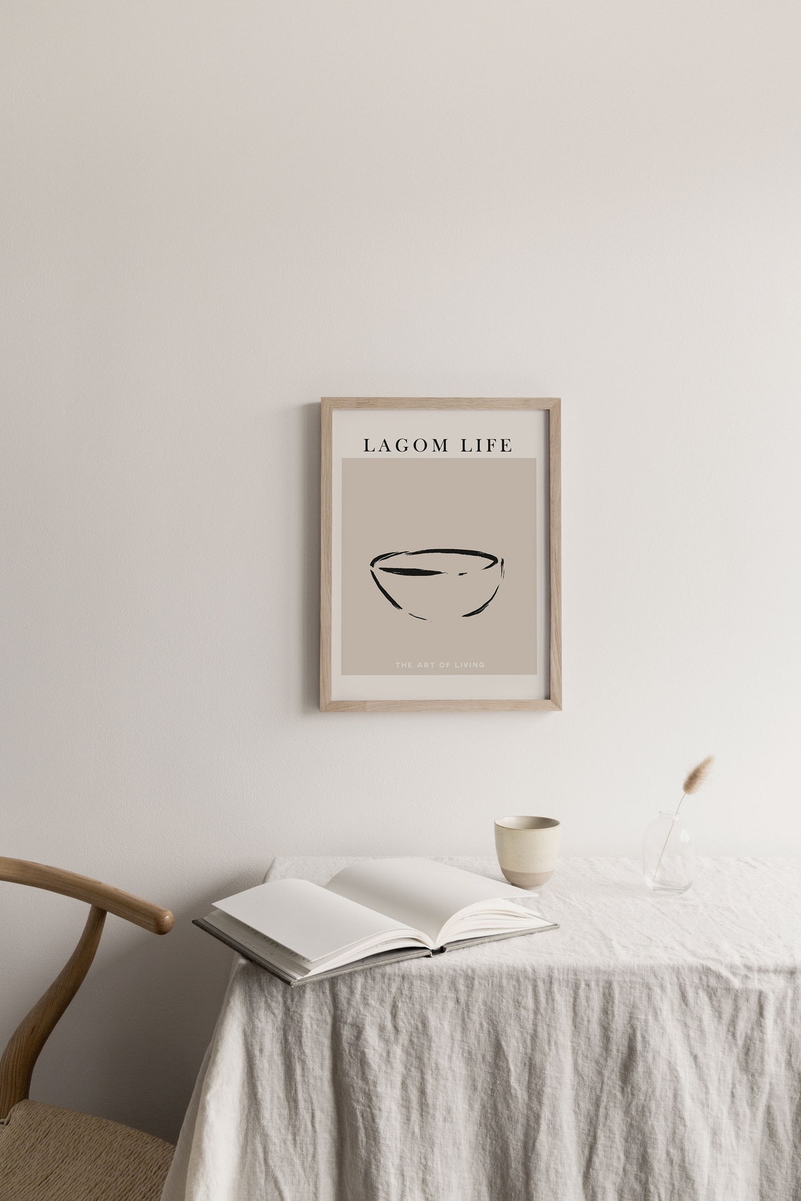 Lagom Life Minimalist Ink Bowl Line Art Beige Scandinavian Wall Print - Image 2