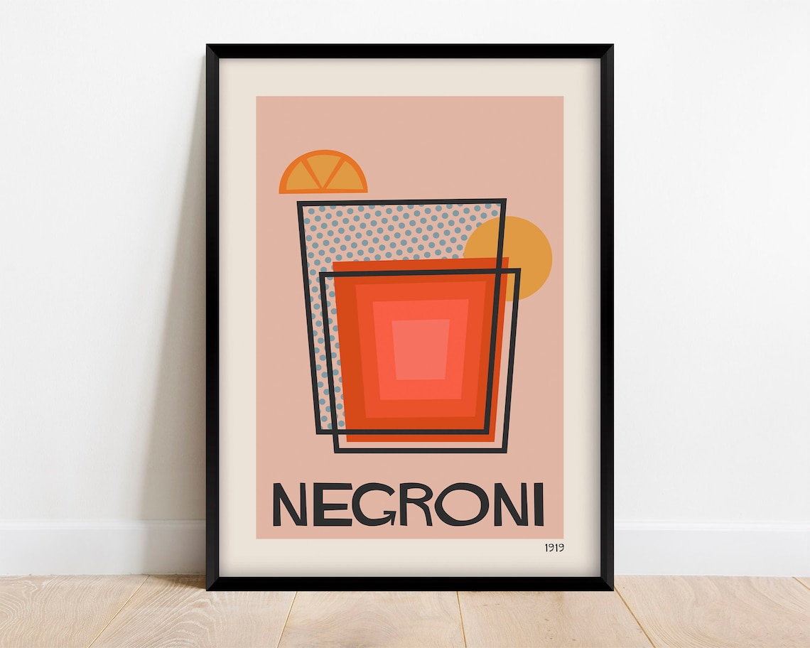 Negroni Cocktail Print, Mid Century Modern Bar Decor