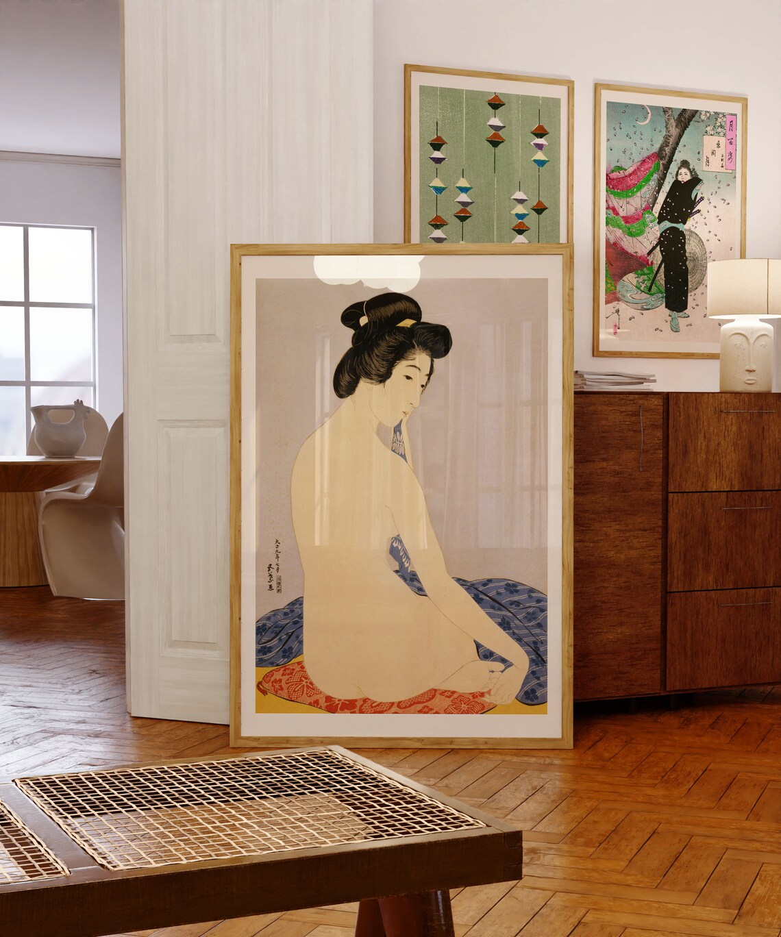 Vintage Japanese Beauty Woodblock Style Bathing Woman Art Poster - Image 3