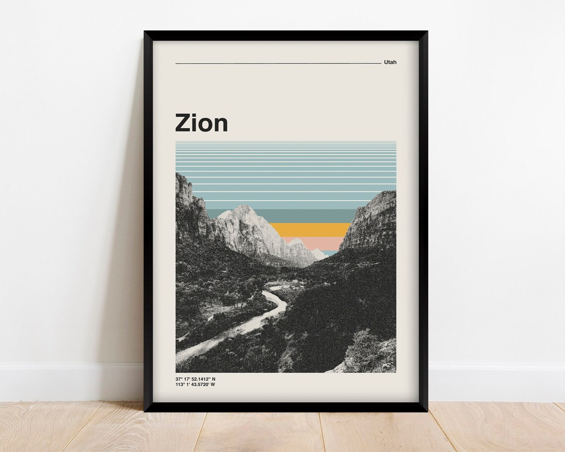 Zion National Park Retro Travel Poster, Utah Mountains