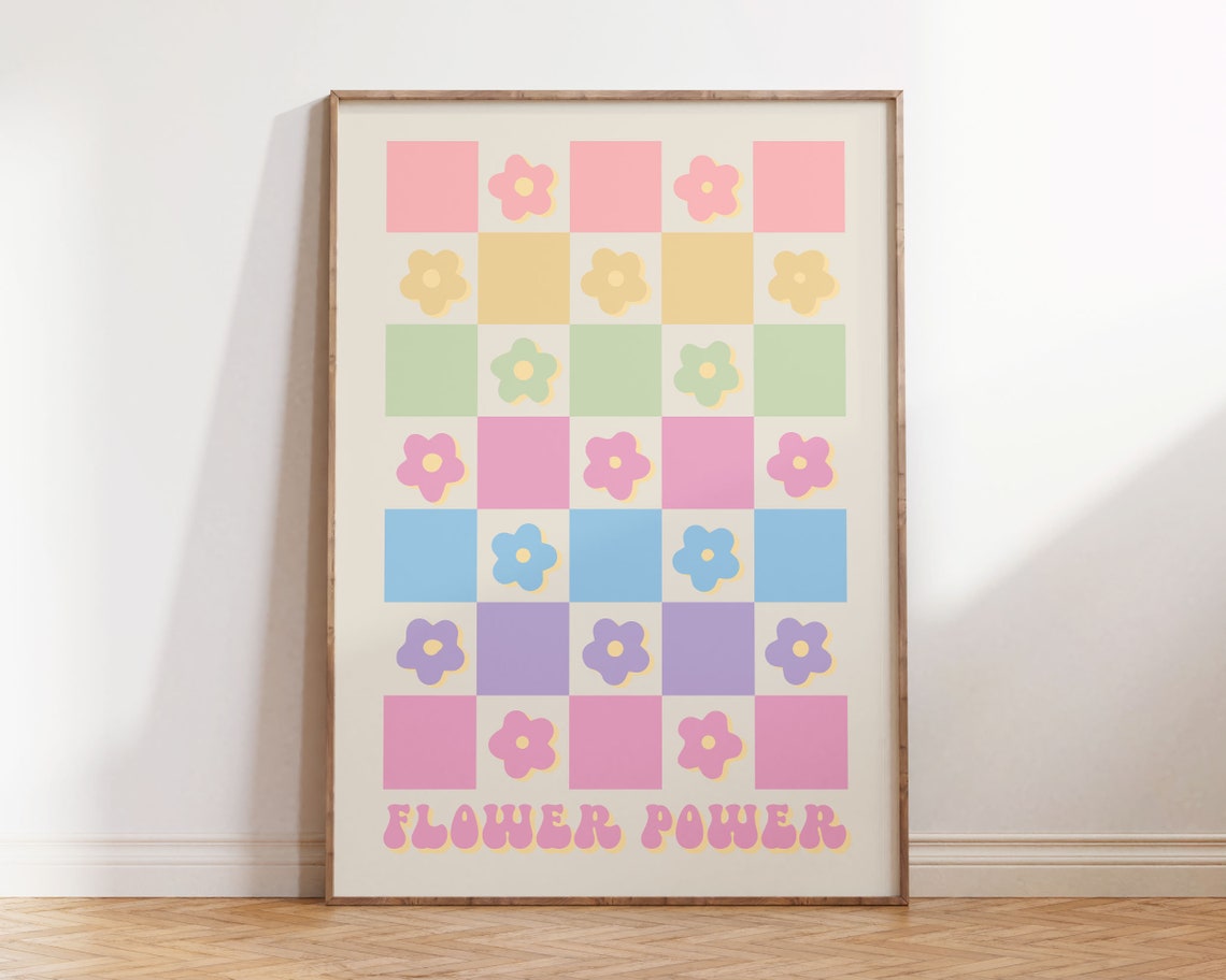 Flower Power Pastel Checkered Daisy Groovy Retro 70s Wall Art