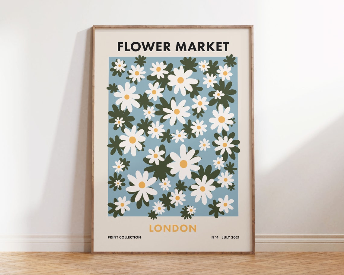 Flower Market London Light Blue Daisy Meadow Vintage Retro Print