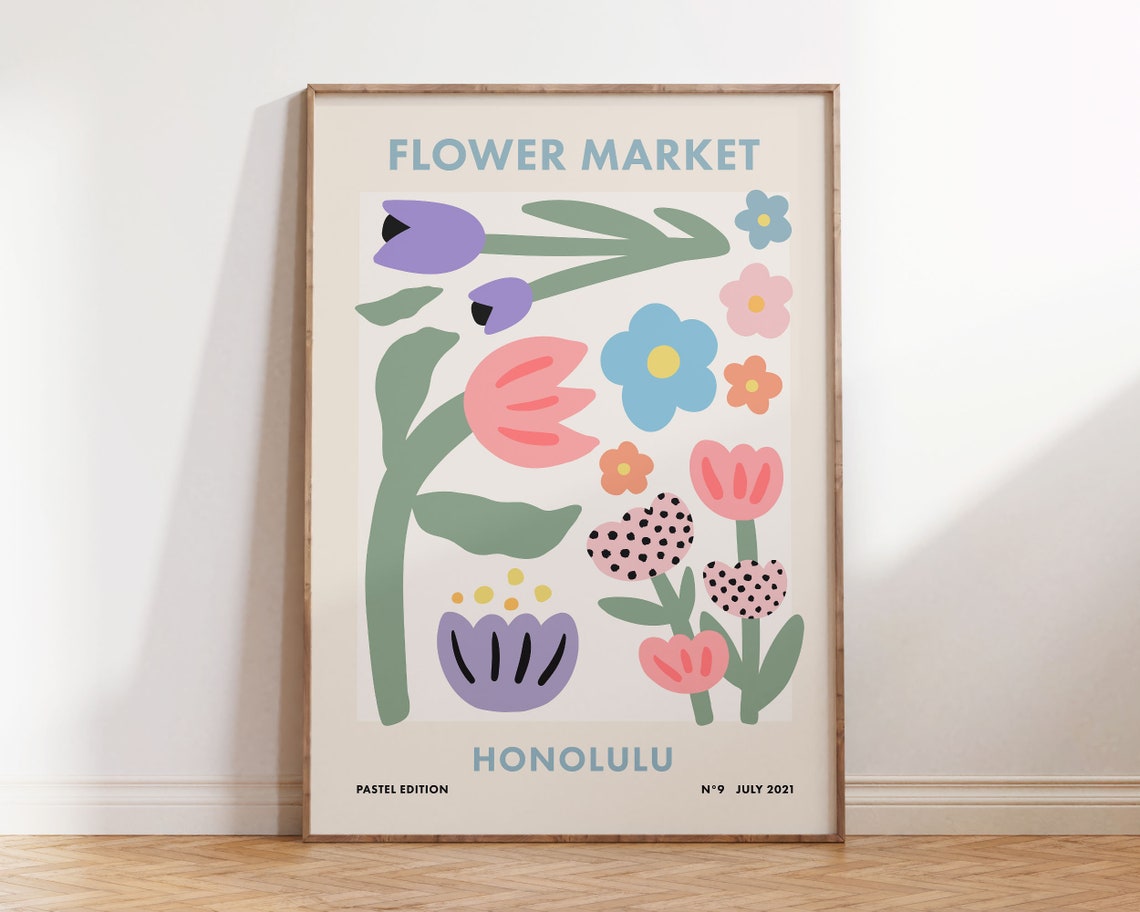 Flower Market Honolulu Retro Pastel Tulip Botanical Art Poster