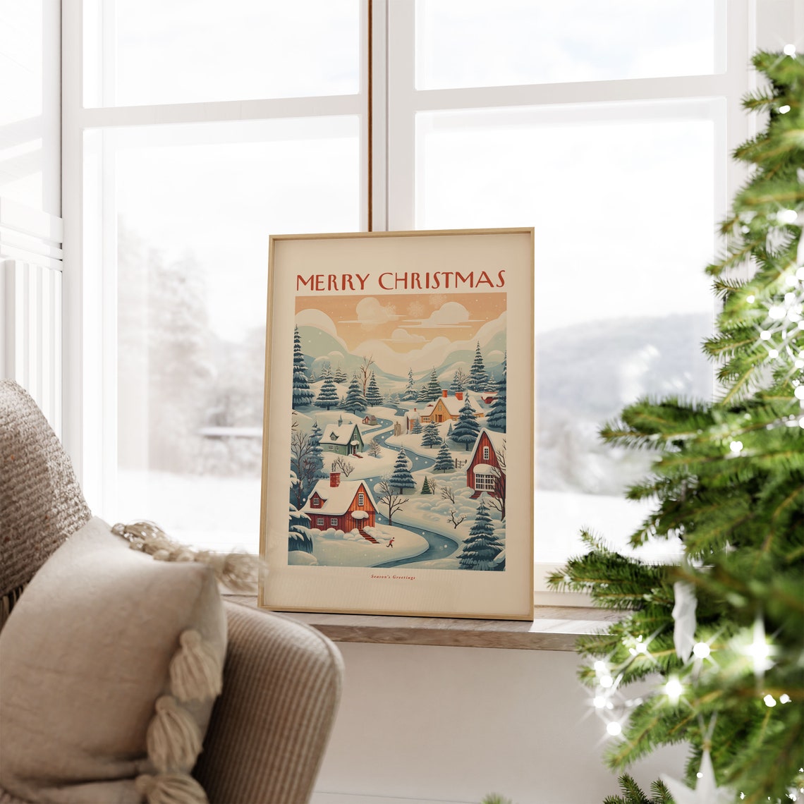 Merry Christmas Vintage Village Snowy Winter Holiday Wall Poster - Image 3