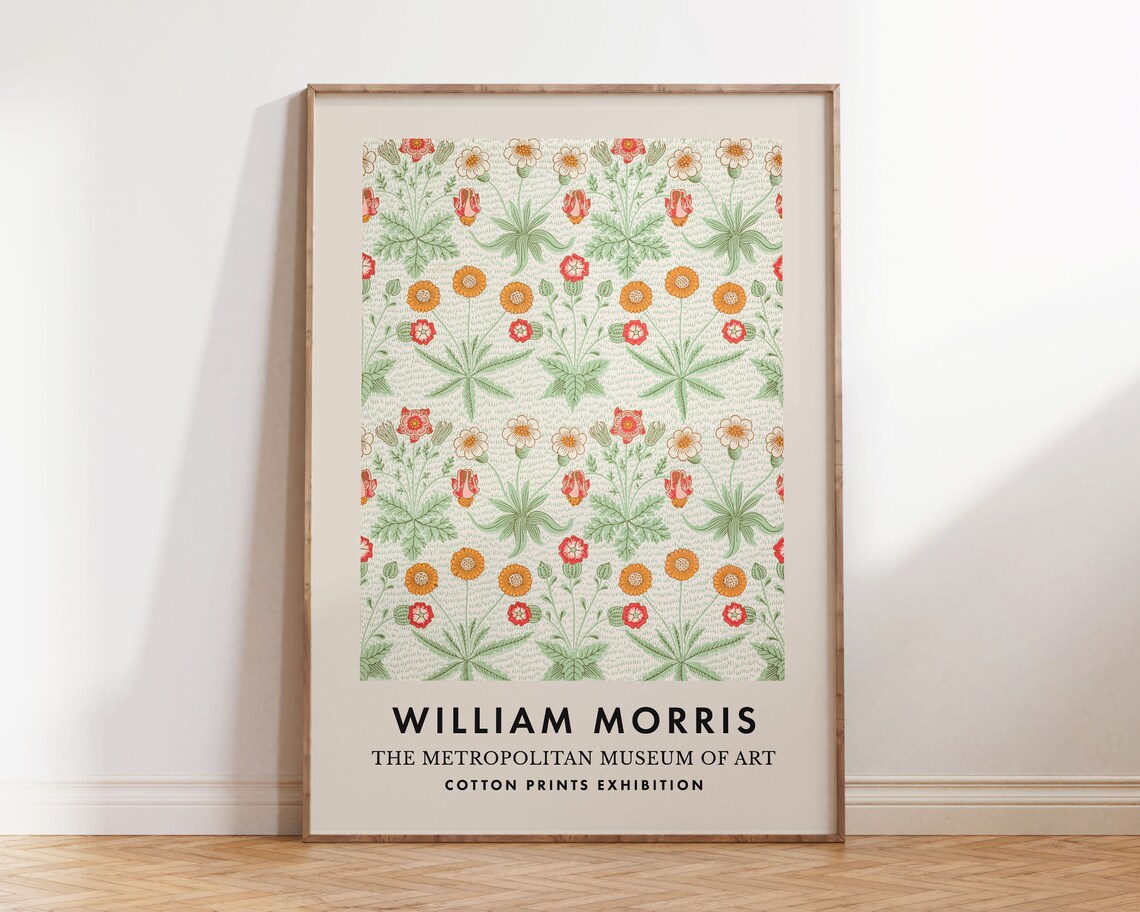 William Morris Daisy Floral Red Orange Vintage Botanical Exhibition Poster