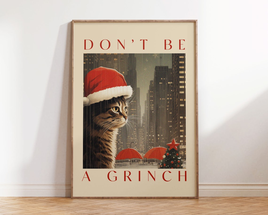 Funny Christmas Cat Print Vintage Christmas Poster Winter Wall Art Retro Holiday Wall Decor - Image 2