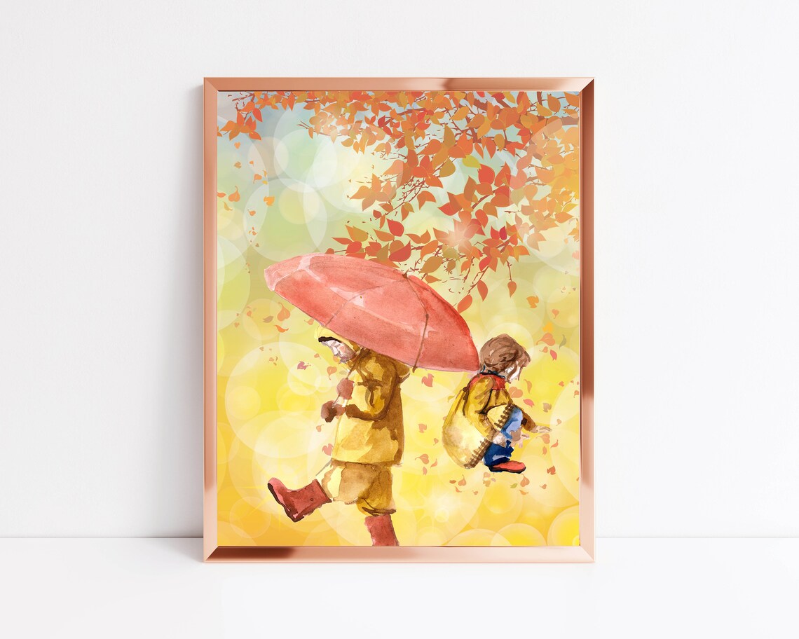 Children with Red Umbrella Autumn Rain Watercolor Kids Wall Art - Image 2
