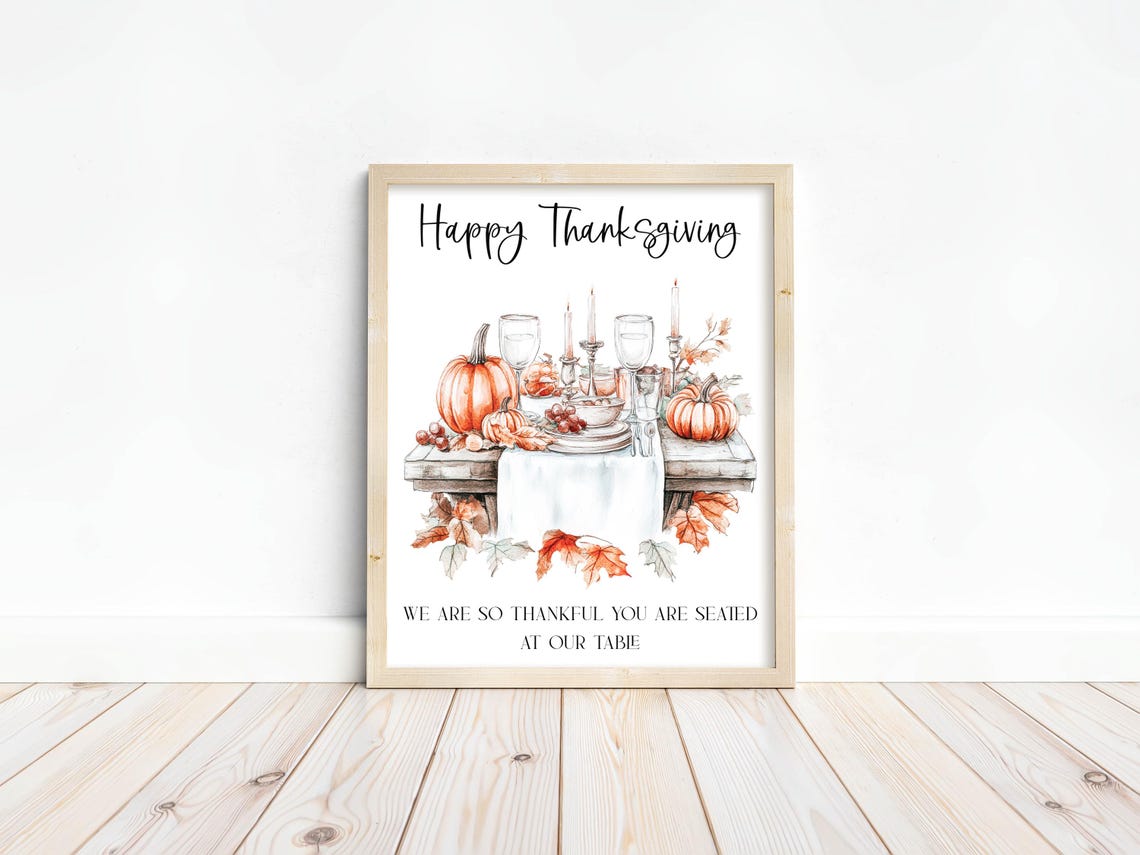 Happy Thanksgiving Watercolor Dinner Table Pumpkins Fall Leaves Poster - Image 2