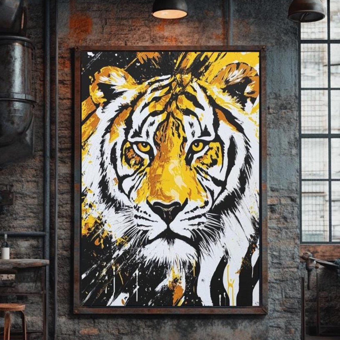 Bold Tiger Face Gold Black White Paint Splatter Jungle Art Poster