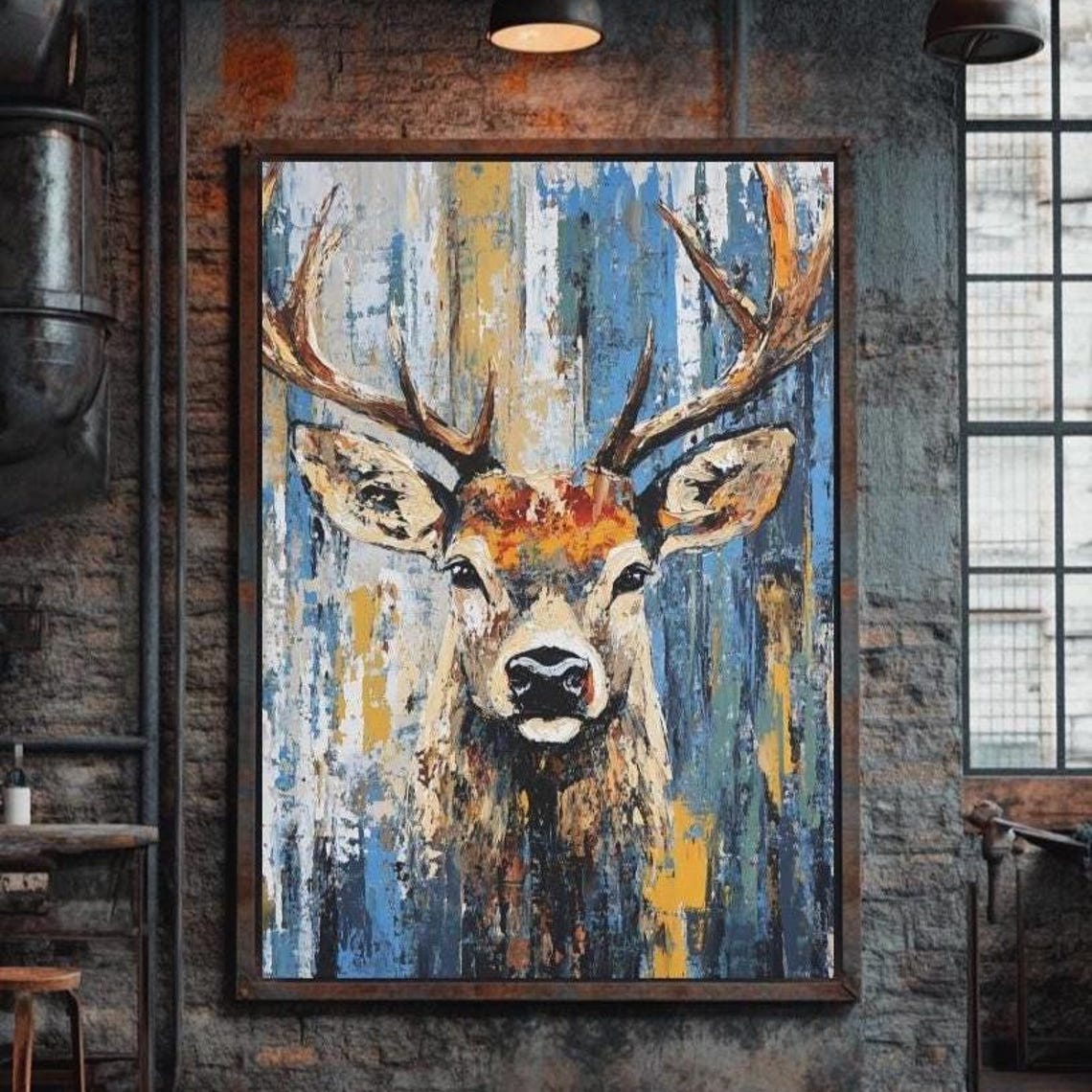 Majestic Stag Deer Painting Rustic Wildlife Forest Cabin Wall Art