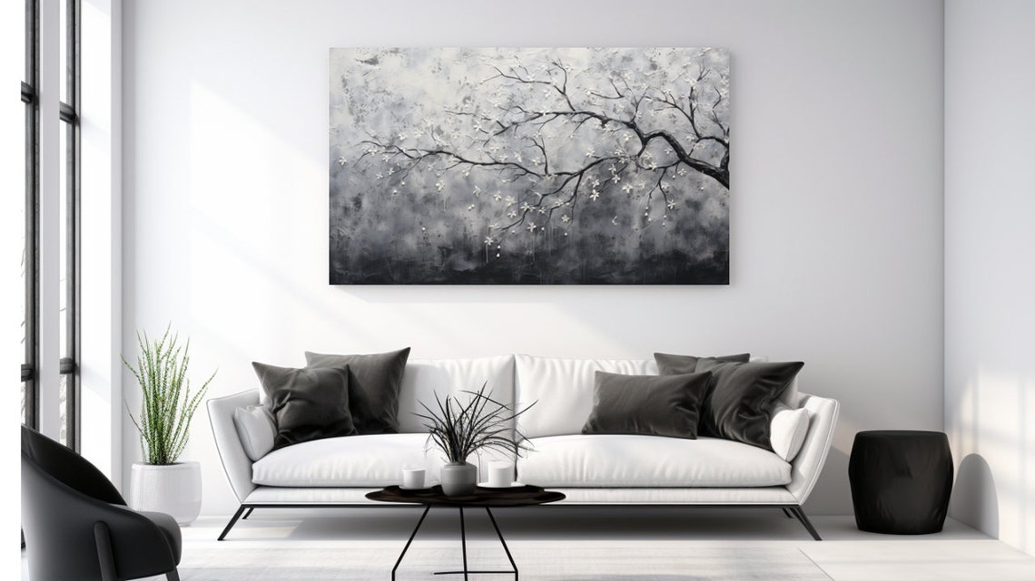 Black and White Blossom Tree Branch Misty Forest Canvas Wall Art