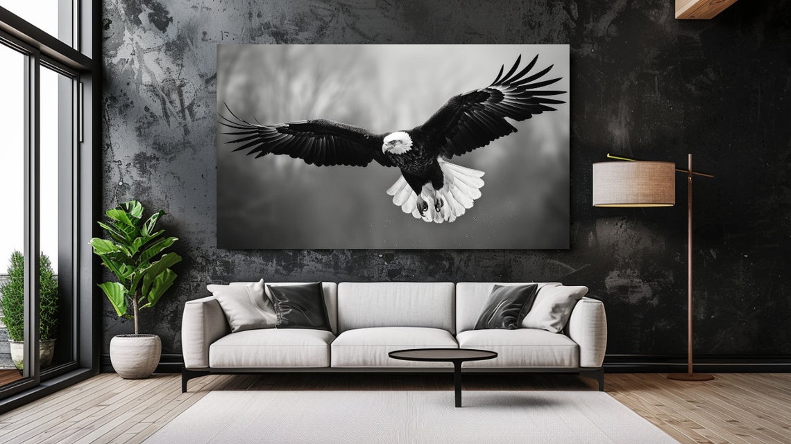 Bald Eagle In Flight Black And White Dramatic Wild Bird Wall Art