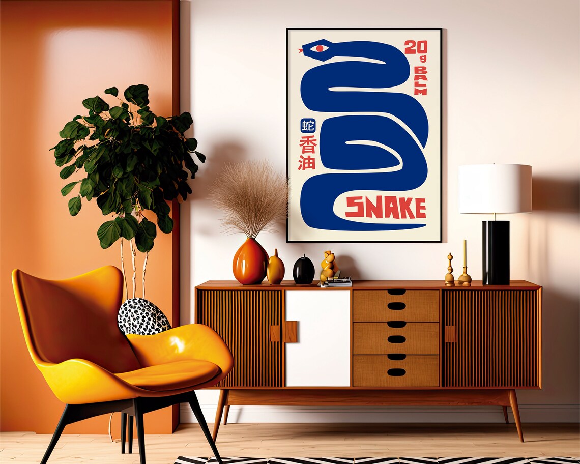 Blue Snake Japanese Wall Art, Vintage Minimalist Print - Image 2