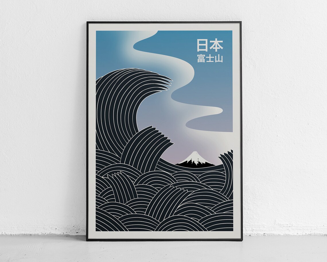 Mount Fuji Japanese Waves Line Art Snow Peak Minimalist Travel Poster