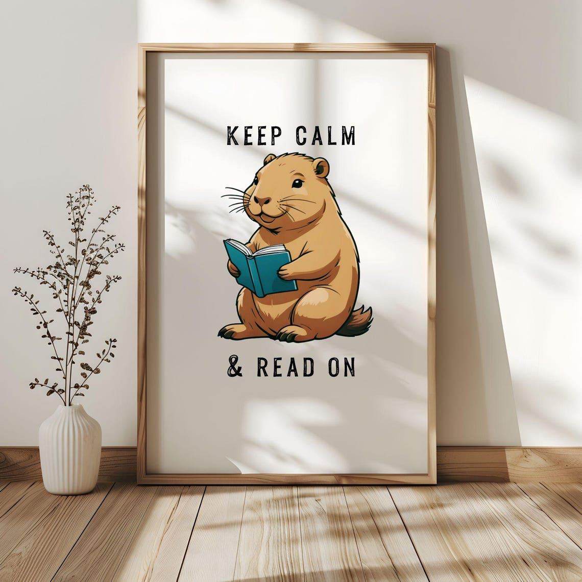 Keep Calm And Read On Cute Capybara Reading Book Funny Poster - Image 3