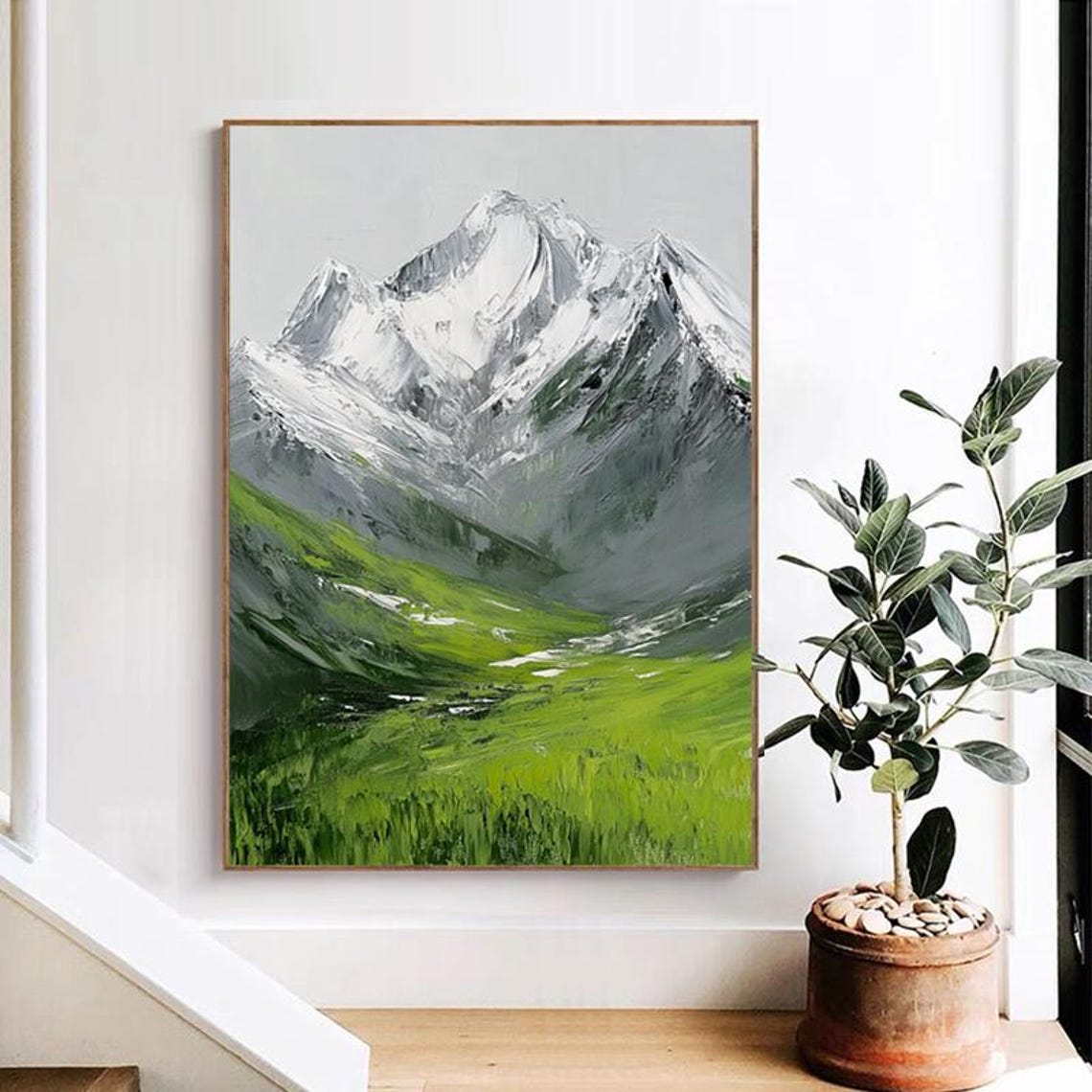 Snow Capped Mountain Peak Rising Over a Green Meadow Valley Poster - Image 6