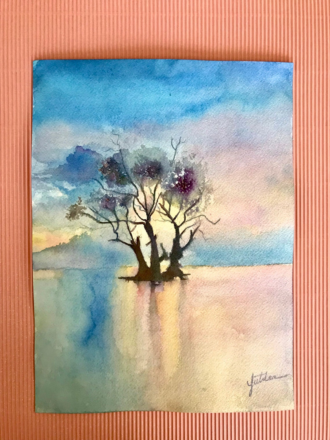Lone Tree Reflected in Still Water at Sunset Watercolor Poster - Image 2