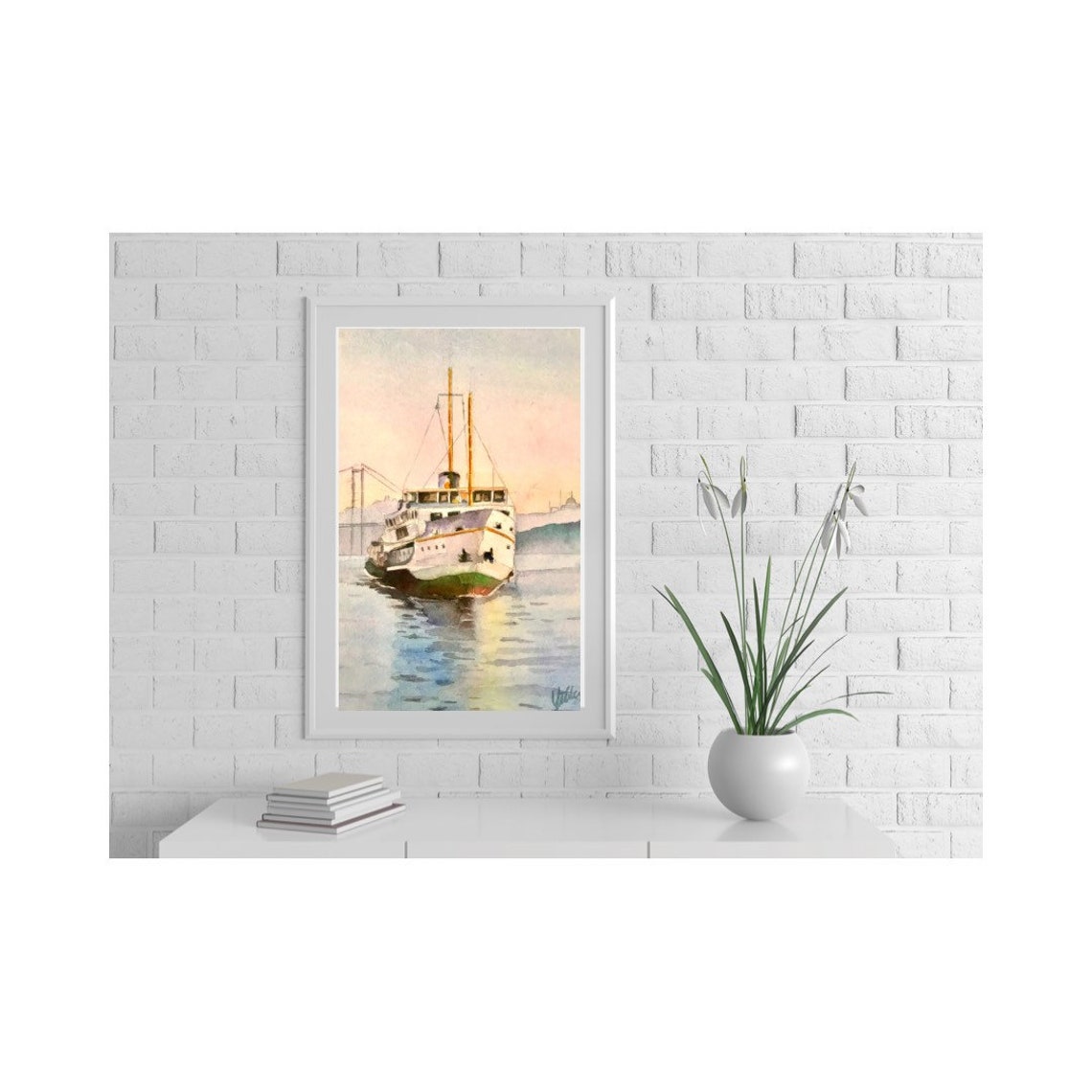 Istanbul Ferry on the Bosphorus Watercolor Poster with Bridge - Image 2
