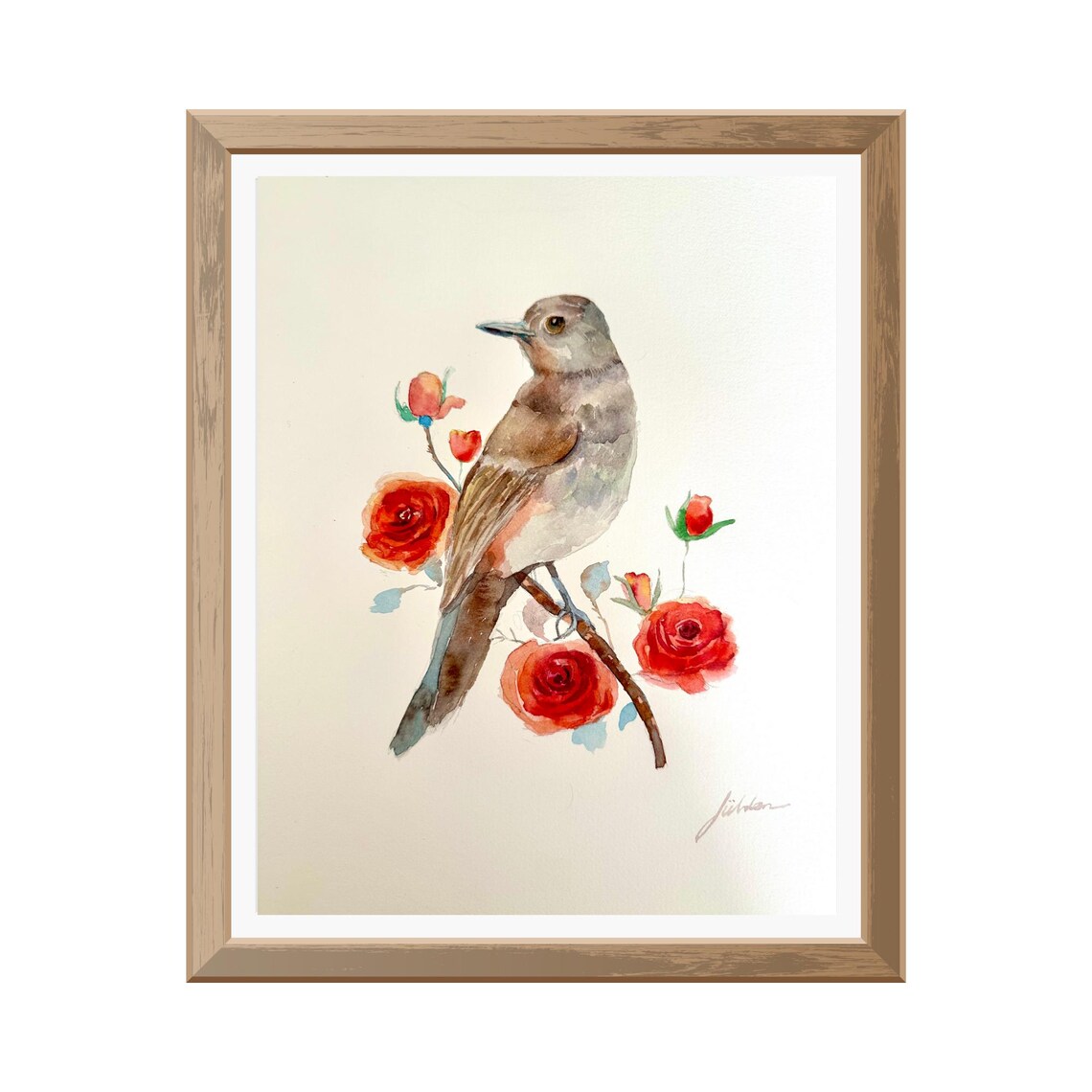Songbird Perched Among Red Roses Watercolor Bird and Flower Poster - Image 2
