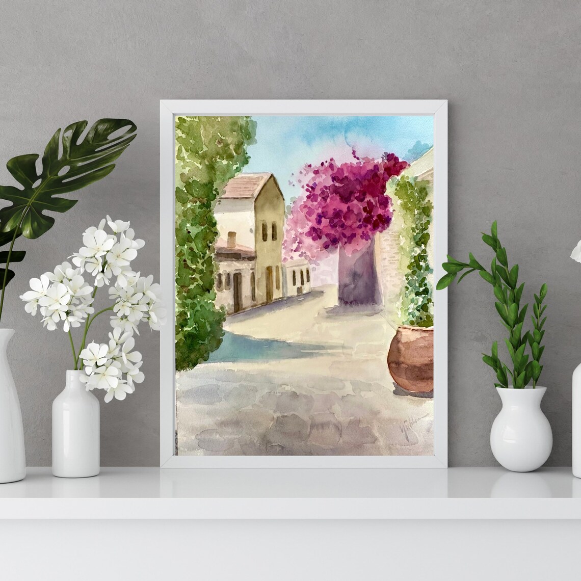 Mediterranean Street With Bougainvillea Watercolor Village Poster - Image 4