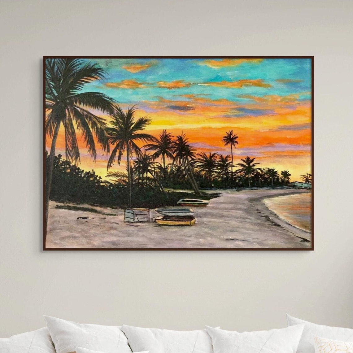 Island Beach Sunset Silhouette Palms Boats Orange Gold Sky Poster