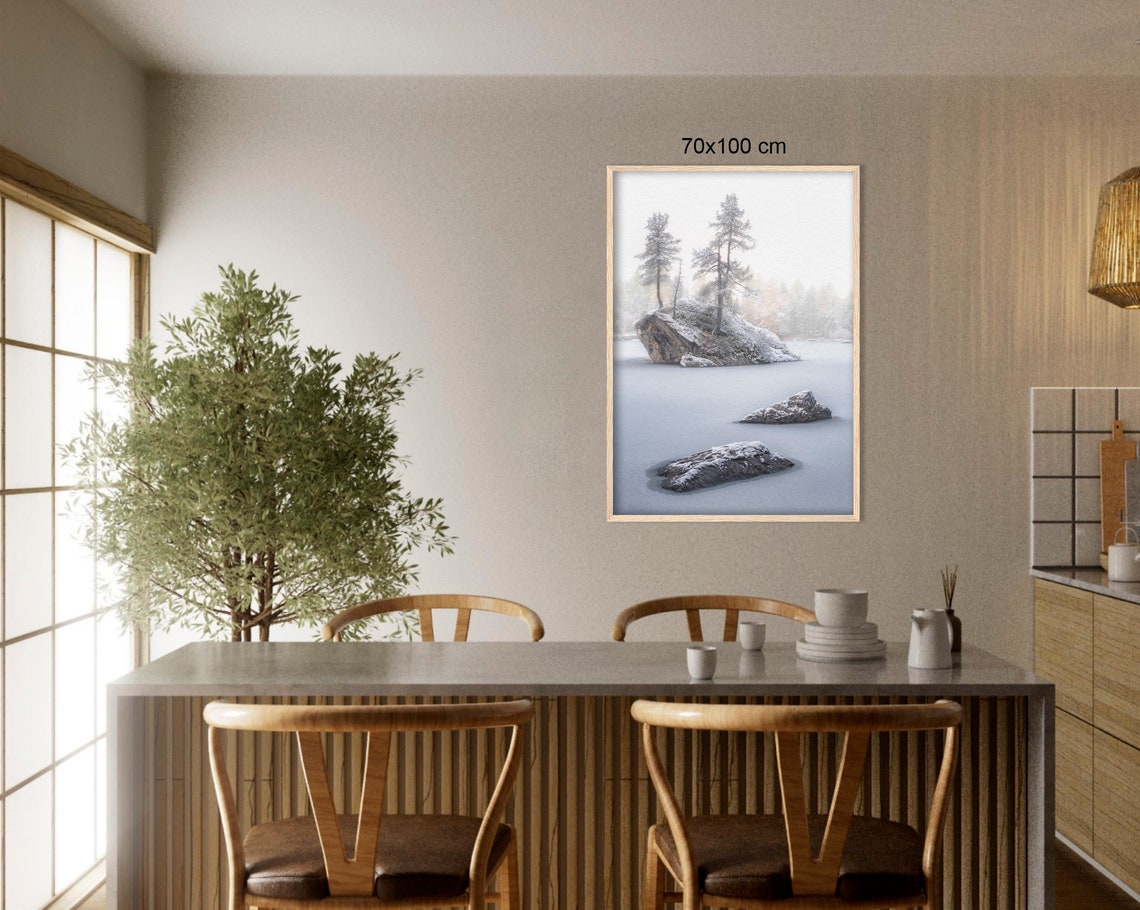 Snowy Rock Island With Pines On A Frozen Misty Winter Lake Poster - Image 3