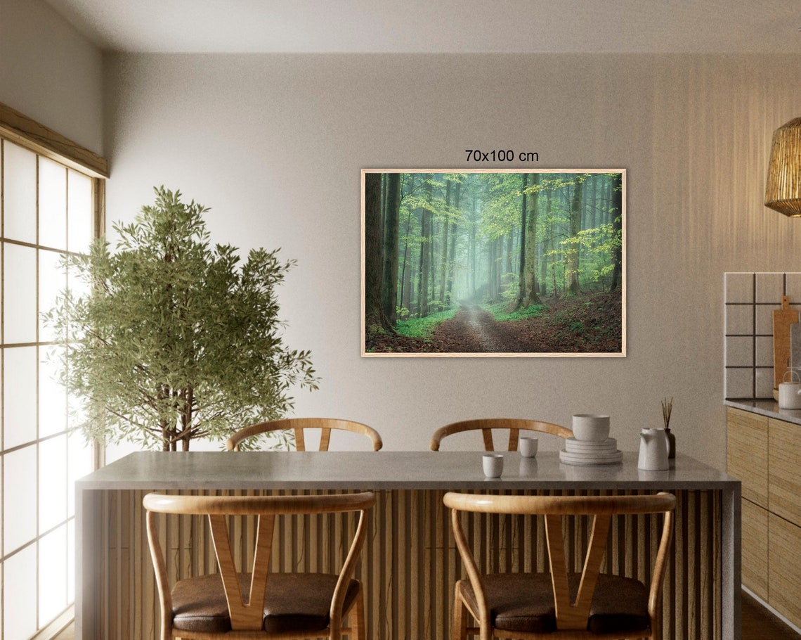Misty Spring Forest Path Tall Trees Foggy Trail Nature Poster - Image 3
