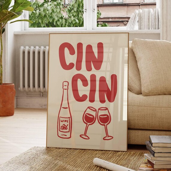Red Cin Cin Italian Wine Toast Retro Bar Cart Kitchen Cheers Poster