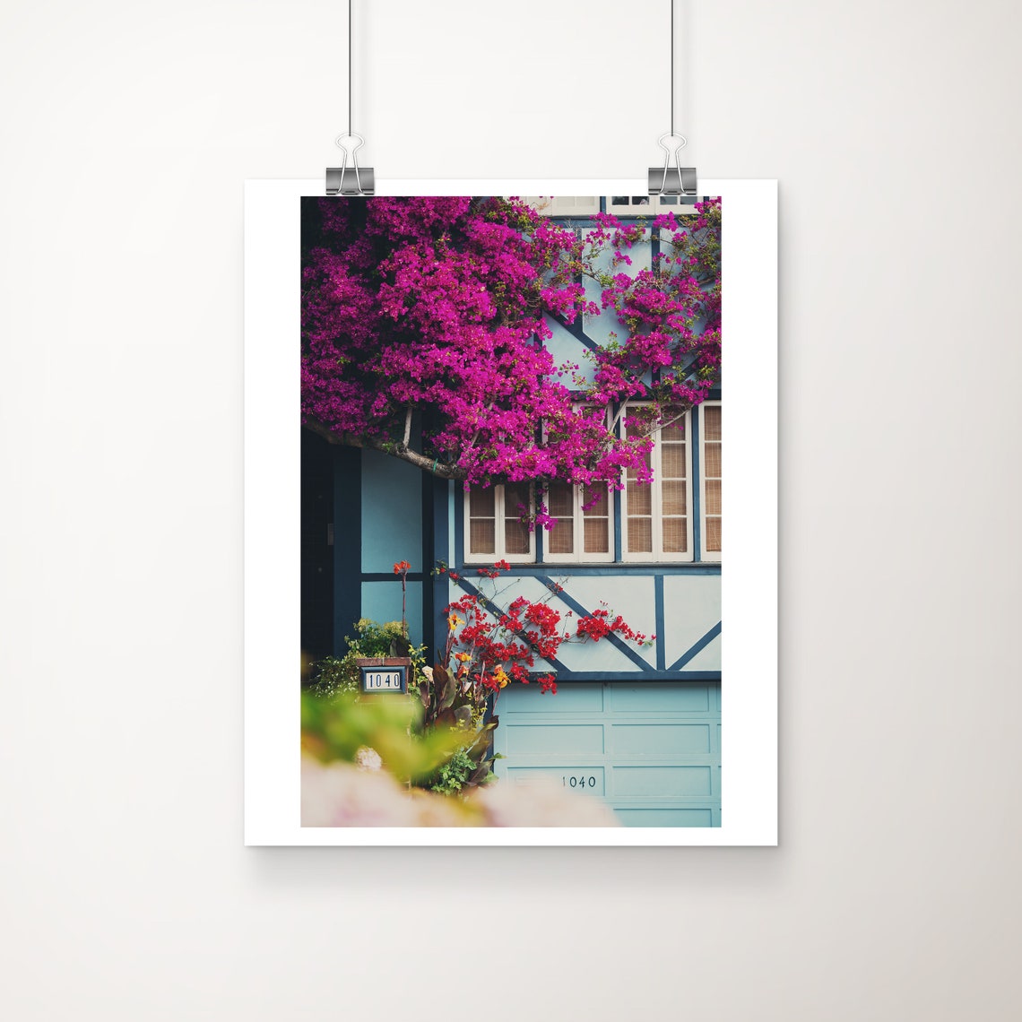Pink Bougainvillea Blossoms Over Blue Cottage Facade Spring Poster