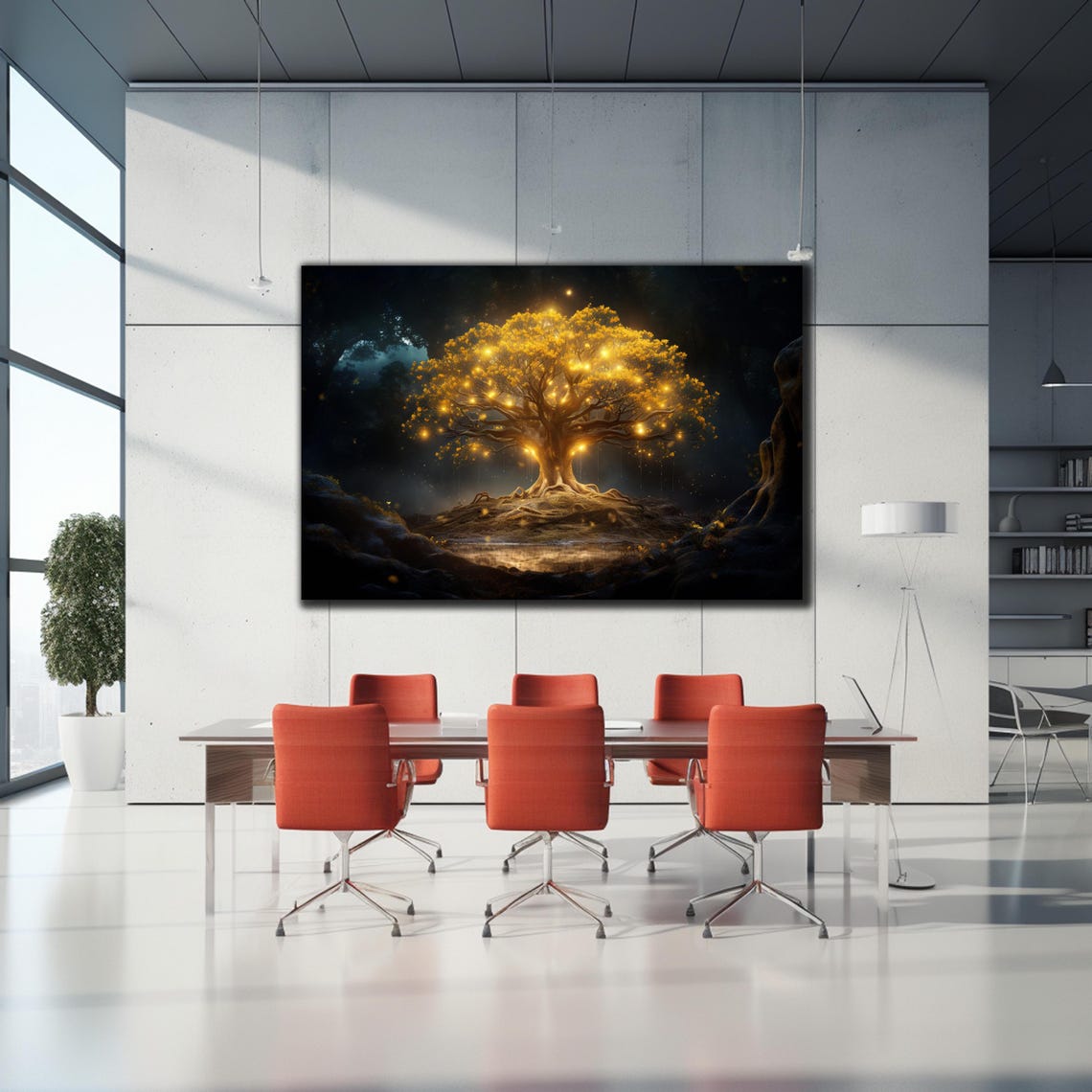 Golden Glowing Tree of Life Night Forest Firefly Magic Wall Art - Image 2