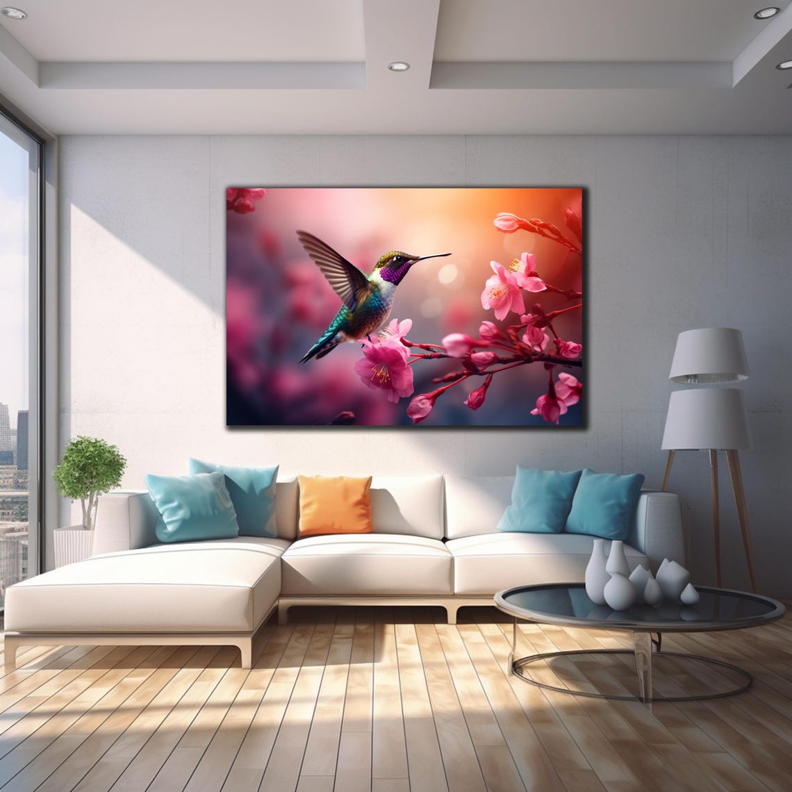 Emerald Hummingbird Pink Cherry Blossom Branch Spring Glow Poster - Image 4