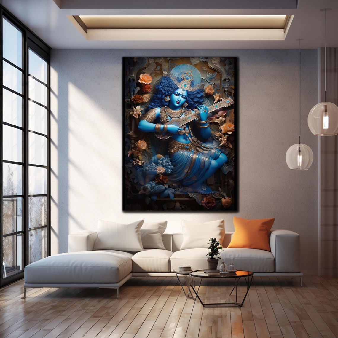 Lord Krishna Playing Sitar Blue Hindu God Floral Divine Art Poster - Image 4