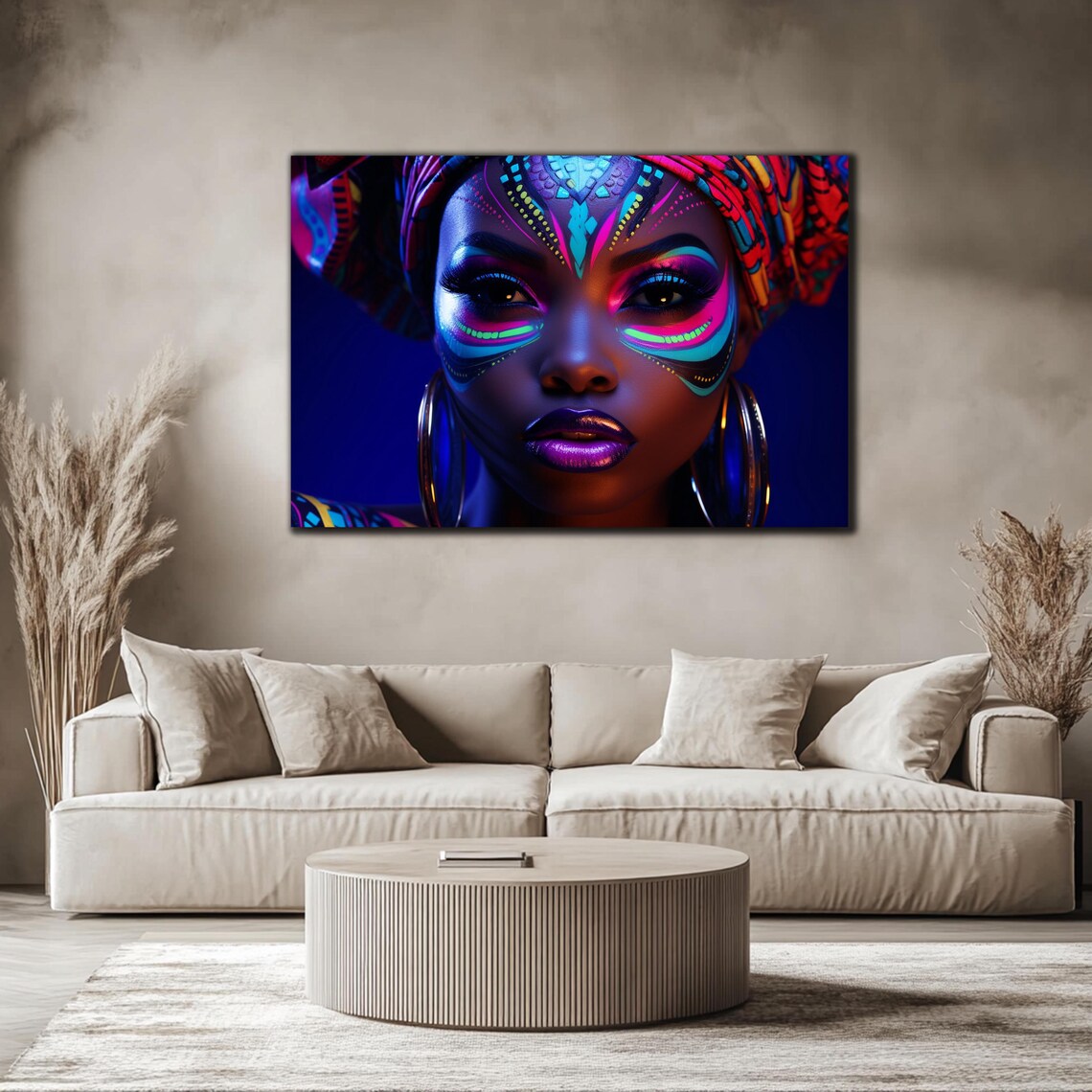 African Woman Neon Tribal Face Paint Headwrap Vivid Portrait Print - Image 4