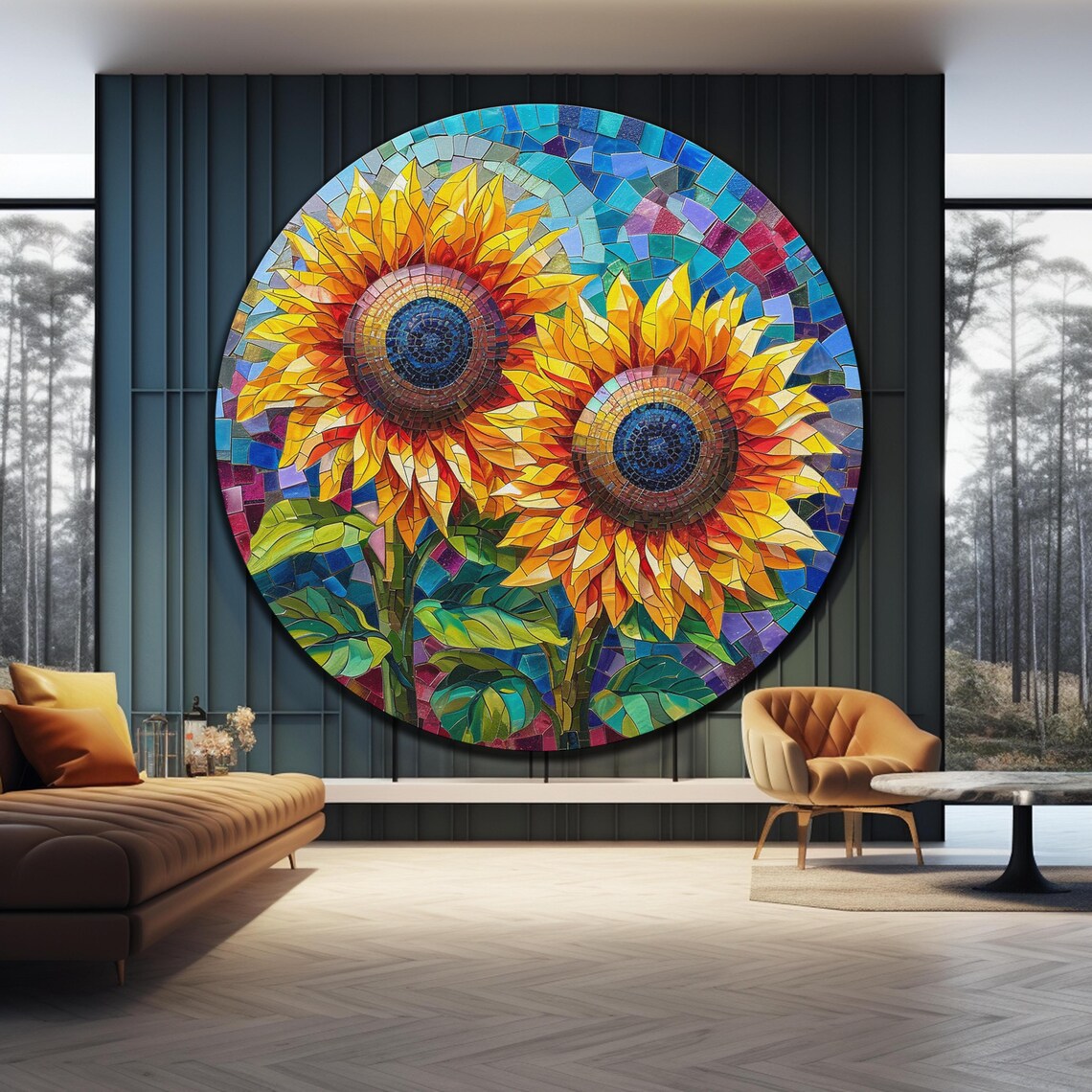 Bright Sunflower Mosaic Round Blue Tile Floral Wall Art Poster - Image 4