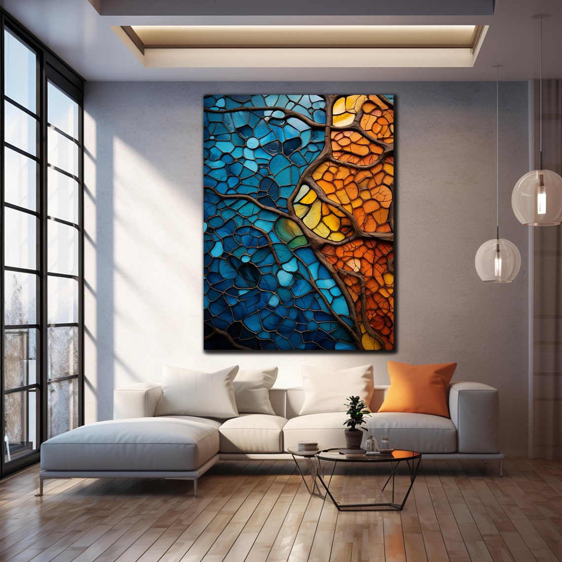 Blue Orange Stained Glass Mosaic Tree Branches Abstract Wall Poster - Image 3