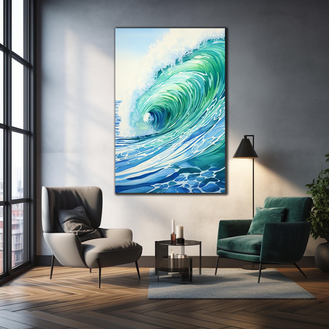 Turquoise Wave Spiral Watercolor Barrel Sea Green Wall Art Poster - Image 4